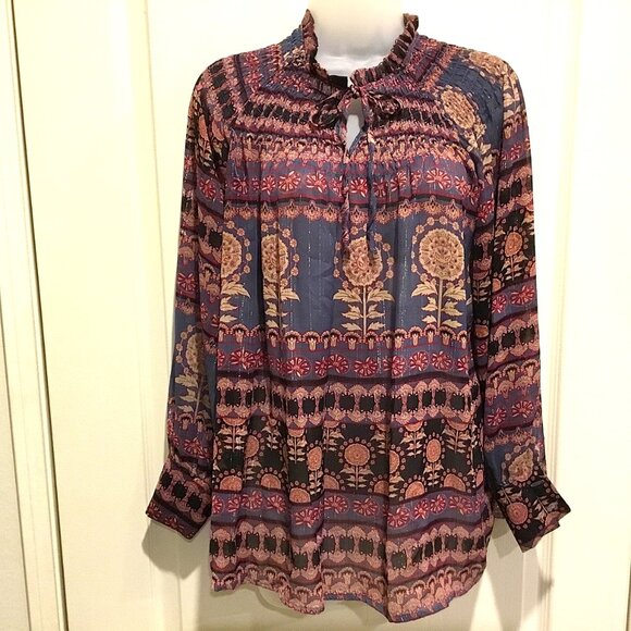 RD Koko Boho Metallic Floral Peasant Blouse Gray Black Rust Gold L – Chic - Picture 2 of 14